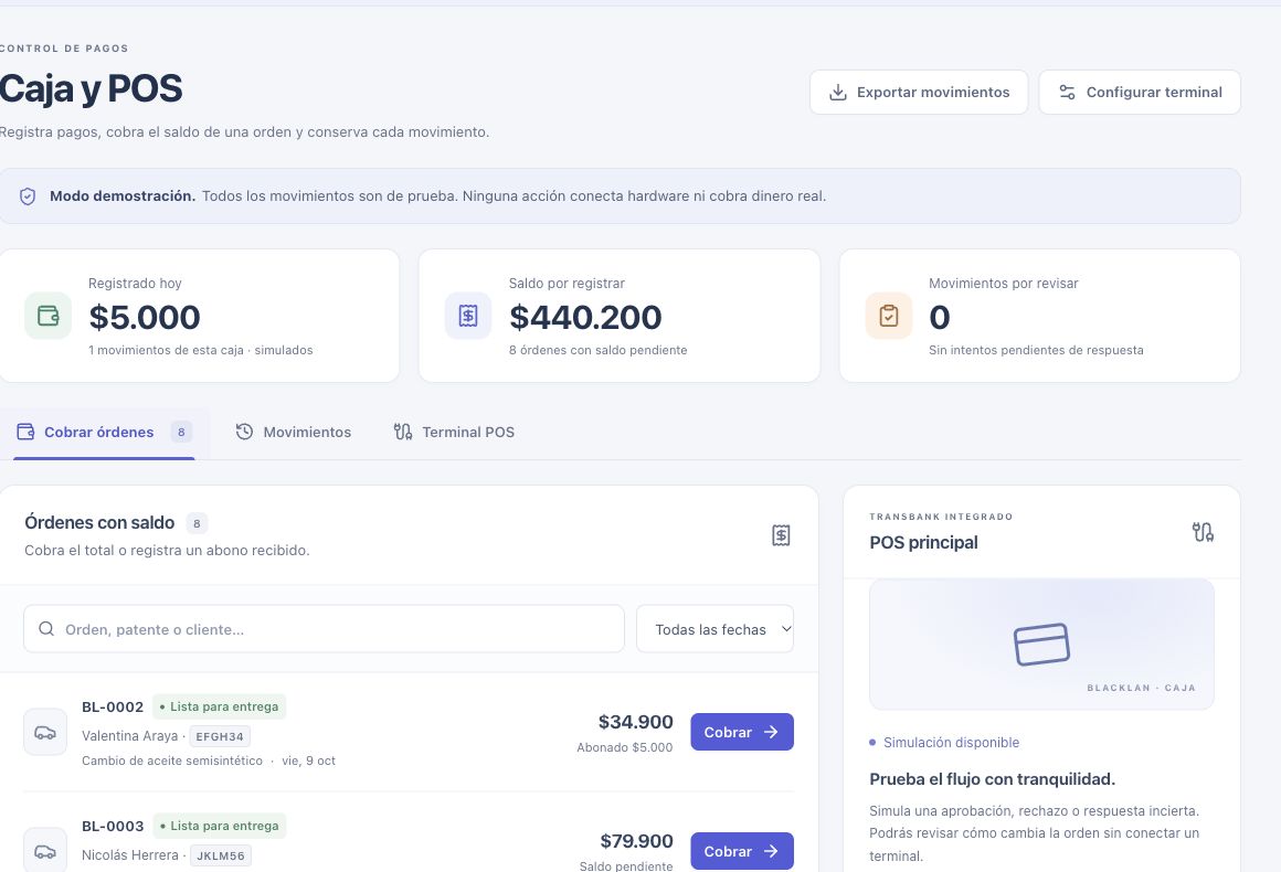 Módulo POS de BlackLAN Motor mostrando las órdenes de demostración, saldo e historial de cobros