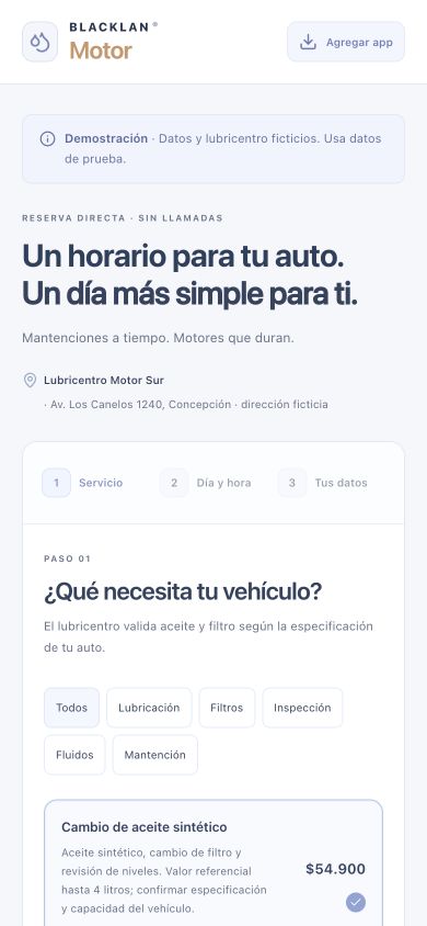 Portal de reservas de BlackLAN Motor en un celular con selección de servicio y fecha
